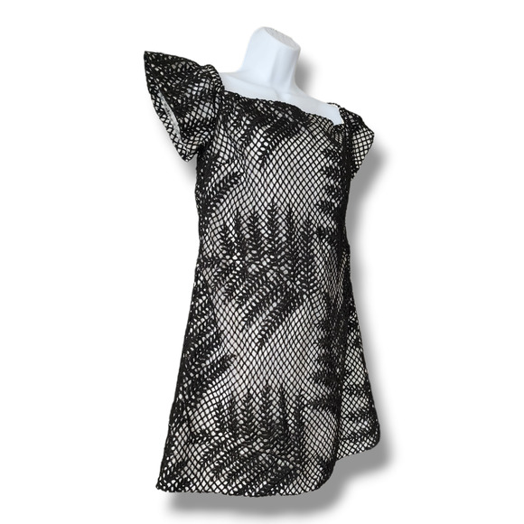 Hutch Off the Shoulder Cap Sleeve Dress – Black Mesh Leaf Overlay Size 6 - Picture 4 of 10